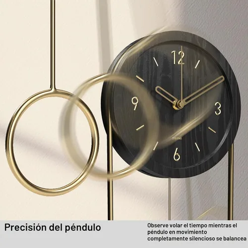 Vista 2 de Driini Reloj de pared decorativo con péndulo (negro) – Madera moderna, números dorados 3D, marco de metal – Relojes de pared pequeños y únicos