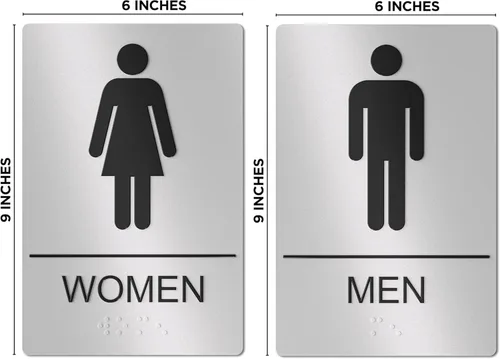 Vista 2 de Letreros unisex de baño, letrero de baño para negocios, para hombres y mujeres, 9 x 6 pulgadas, compatible con la ADA con Braille, adhesivos fuertes
