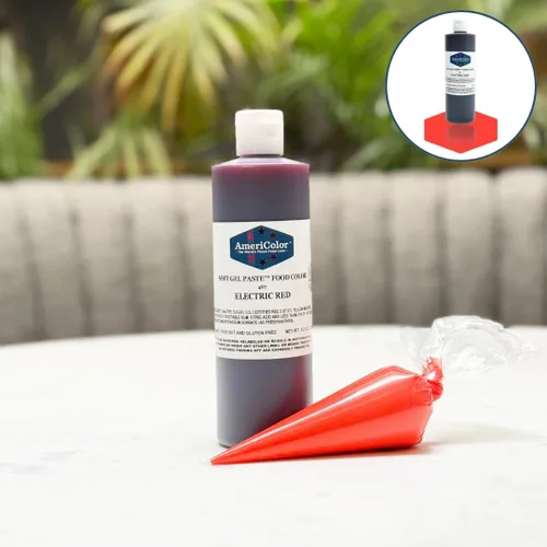 Vista 2 de AmeriColor, Rojo eléctrico, botella de 13.5 onzas, pasta de gel suave para alimentos
