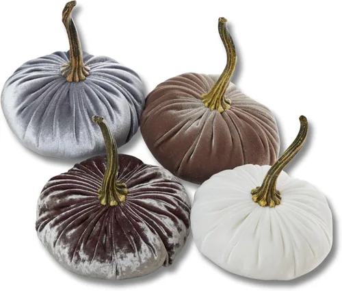 Vista 36 de Juego de 4 pequeñas calabazas de franela de terciopelo y algodón, decoración a cuadros de búfalo blanco y negro, estantes de calabaza negra