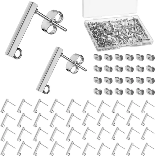 Vista 8 de Hinly 80 aretes de acero inoxidable con bucle, 80 piezas de barra de tuerca de oreja, poste perforado para hacer joyas de bricolaje, 2 tamaños Dorado