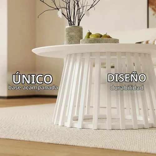 Vista 5 de DUOMAY Moderna mesa de centro redonda de madera maciza con base geométrica, mesa central de madera resistente para sala de estar, salón, oficina
