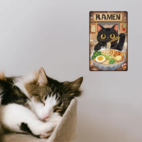 Vista 7 de GLOBLELAND Letrero de metal de ramen de gato negro de 12 x 8 pulgadas, letrero de decoración de gatitos y fideos, placa de metal de pared