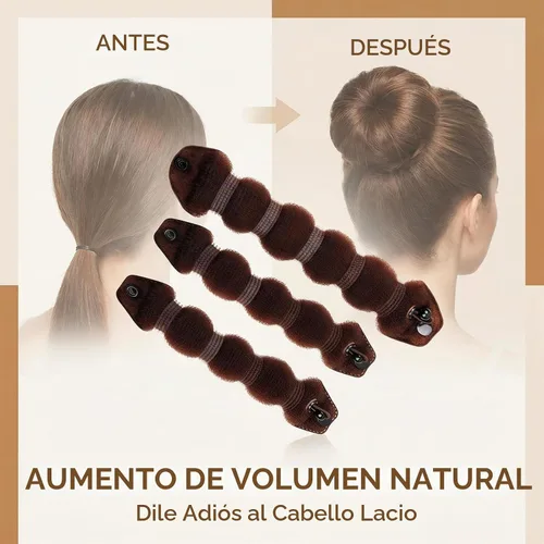 Vista 6 de Rosquilla de pelo mágica para formar rodetes, 3 piezas (1 grande y 2 pequeñas), con clip, Marrón