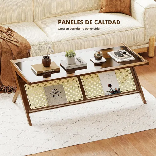 Vista 4 de Bamworld - Mesa de centro moderna de mediados de siglo con tapa de vidrio, mesa central de ratán con almacenamiento para sala de estar, color marrón