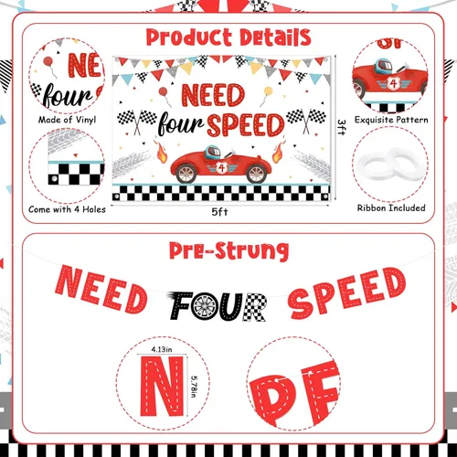Vista 5 de Need Four Speed - Decoraciones de cumpleaños con temática de auto de carreras, pancarta para decoración de pasteles, decoración de cupcakes, mantel