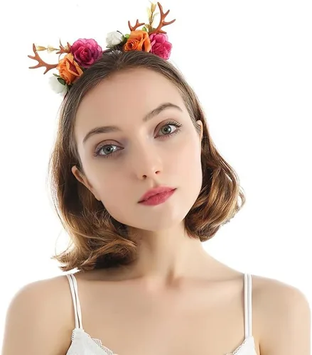 Vista 2 de Wiwpar Antlers - Diadema de ciervo, corona de pelo floral, festival y Navidad, bonito accesorio para mujeres y niñas (naranja)