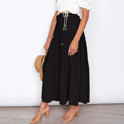 Vista 2 de Falda larga de cintura alta elástica para mujer, estilo bohemio, con volantes, acampanado, falda larga floral