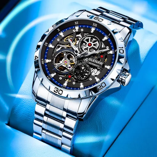 Vista 5 de Relojes automáticos para hombre, cuerda automática mecánica, esfera de esqueleto, resistente al agua a 30 ATM, con correa de acero inoxidable, reloj