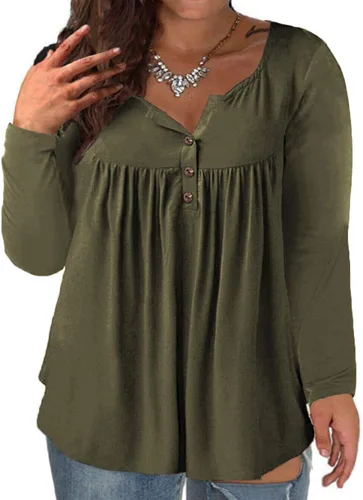 Vista 14 de VISLILY - Camisas tipo túnica de mujer, de manga larga, estilo Henley, talla plus, blusas con botones y plisadas 01_ negro