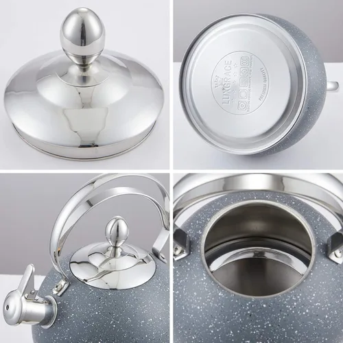 Vista 8 de Creative Home - Tetera silbadora de acero inoxidable de 2.5 cuartos de galón, color gris opaco Parte inferior capsulada de aluminio, ebullición