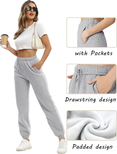 Vista 4 de Pantalones deportivos casuales de forro polar para mujer, cintura alta, con parte inferior de cincha, pantalones deportivos holgados
