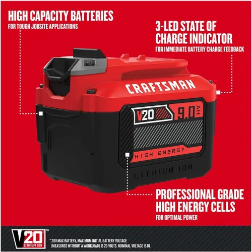 Vista 2 de Bateria de iones de litio CRAFTSMAN V20 para herramientas eléctricas, 9 Ah, indicador de carga LED (CMCB209)