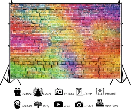 Vista 5 de Fondo de pared de ladrillo colorido de 10 x 8 pies, fondo de pared de ladrillo de piedra temática retro para fiestas temáticas de los años 80 y 90