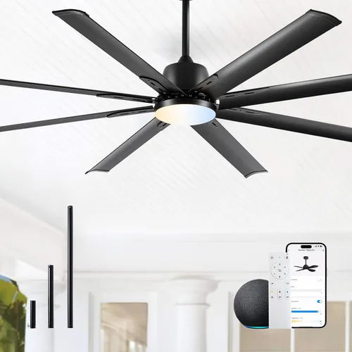 Vista 16 de Ventilador Celing de 72 pulgadas con luz y control remoto, ventilador grande con 8 cuchillas de aluminio negro, motor CC silencioso de 6