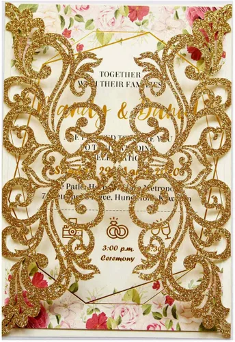 Vista 8 de 25 tarjetas de invitaciones de boda cortadas con láser de terracota con sobres, hojas interiores en blanco, cintas para boda, despedida de soltera