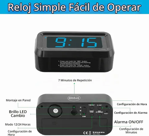 Vista 6 de KWANWA Reloj Despertador, Reloj Digital, Pantalla Constantemente de Dígitos LED Azules de 1.2'', Funciona con Baterías, Repetición, Reloj de Pared