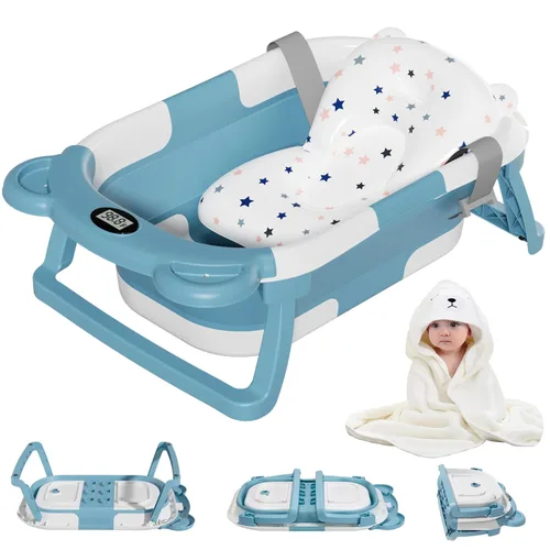 Vista 11 de MoreFeel Bañera plegable para bebé recién nacido con termómetro y 1 toalla con capucha y 1 cojín flotante suave, bañera de viaje portátil