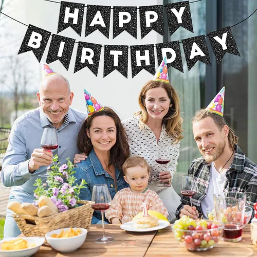 Vista 7 de Cartel de feliz cumpleaños con purpurina negra para hombres, mujeres y niños, guirnalda de feliz cumpleaños negra, suministros de fiesta, decoración