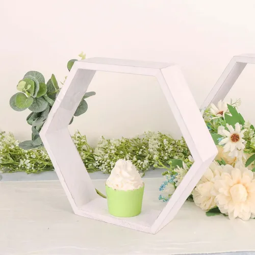 Vista 8 de Efavormart - Juego de 2 centros de mesa hexagonales de madera encalada de 9 pulgadas, terrario geométrico, estante de almacenamiento de panal