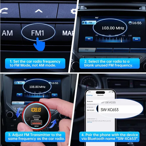 Vista 7 de Syncwire Transmisor FM Bluetooth 5.4 para coche, 38 W PD y QC3.0 Dual USB Carga Bluetooth Adaptador de coche Micrófono y sonido de graves MP3
