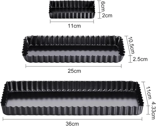 Vista 2 de Boao 3 sartenes rectangulares para quiche de 14, 10 y 4 pulgadas, antiadherentes, con parte inferior suelta extraíble, bordes acanalados para tartas