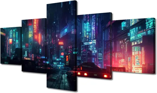 Vista 369 de Cuadros de 5 paneles de Cyberpunk City, arte de pared, representación de vallas publicitarias, edificios modernos en la capital con obras de arte