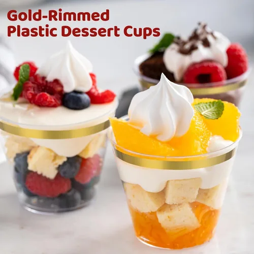 Vista 4 de Jinei 50 juegos de tazas de postre de plástico de 9 onzas con tapas de cúpula, cucharas de plástico transparente con borde dorado, vasos de frutas
