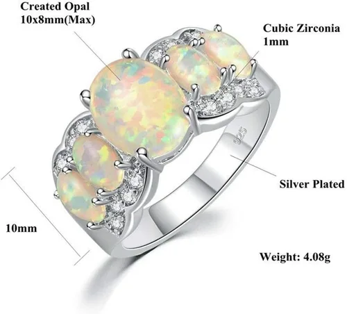 Vista 5 de CiNily - Anillo chapado en rodio con ópalo de fuego blanco para mujer, talla 5 12