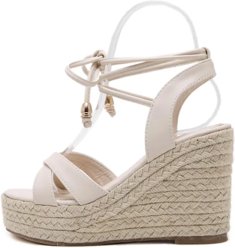 Vista 2 de MAKEGSI Womens Jute-rope Middle Wedge Heel Summer Shoes Flip Sandals Lace Up