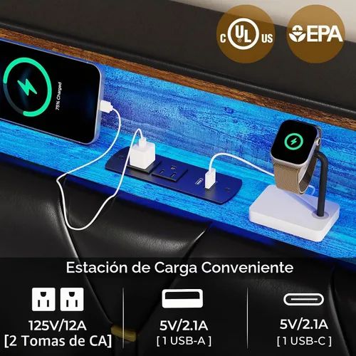 Vista 4 de BTHFST Marco de cama tamaño completo con luces LED y estación de carga, marco de cama LED tamaño completo con almacenamiento de cabecero, cama