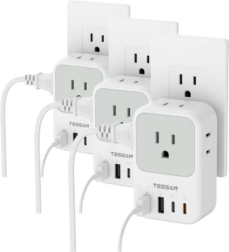 Vista 13 de TESSAN Bloque de cargador USB C 20W PD, adaptador de carga rápida con enchufe plegable Extensor de toma de corriente de 1875 W (4 CA y 4 USB)