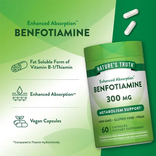 Vista 5 de Nature's Truth Benfotiamina 300 mg 60 unidades Suplemento vegano, sin OMG y sin gluten Precursor de vitamina B1