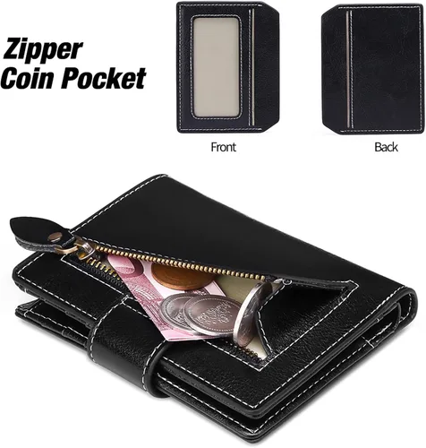 Vista 5 de FALAN MULE - Cartera de cuero auténtico para mujer, pequeña plegable , compacta, con interferencia de radiofrecuencia (RFID)