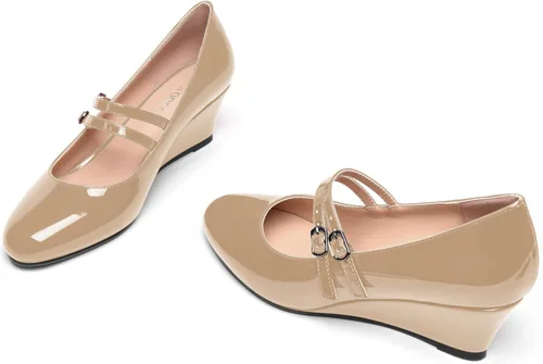 Vista 6 de SHOWFOREST Zapatos de tacón bajo con hebilla de punta redonda para mujer, con correa ajustable y correa ajustable, 2 pulgadas Beige
