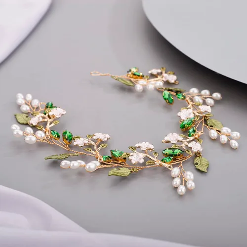 Vista 6 de Diadema de flores lindas para novia, dama de honor, hoja verde, pedazo de pelo de cristal, cuentas de vid