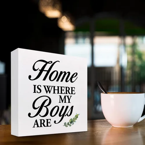 Vista 3 de Letrero de madera con texto en inglés «Home is Where My Boys Are », regalos para la nueva mamá, ideas divertidas para el día de la madre, con cita