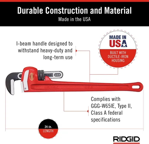 Vista 6 de RIDGID 31030 - Llave de tubería recta de servicio pesado, llave de fontanería resistente de 24 pulgadas con hilos autolimpiantes y mordazas