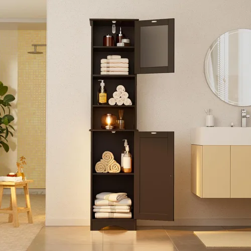 Vista 2 de Gizoon - Armario de almacenamiento alto para baño con estantes ajustables Marrón oscuro