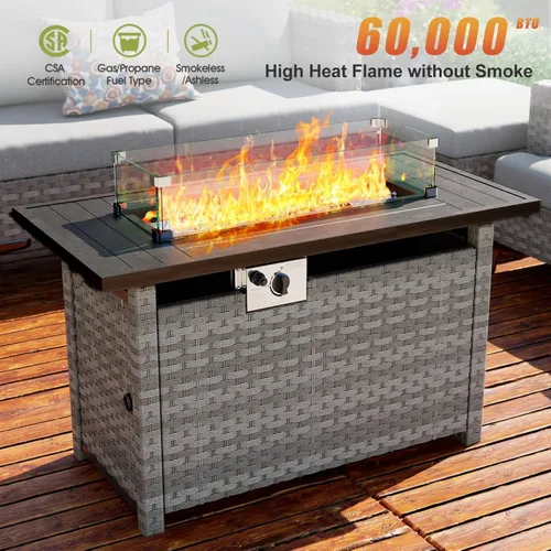 Vista 3 de Mesa para fogata de 44 pulgadas con protector contra el viento para exteriores, fogatas de gas propano de encendido automático, mesa rectangular