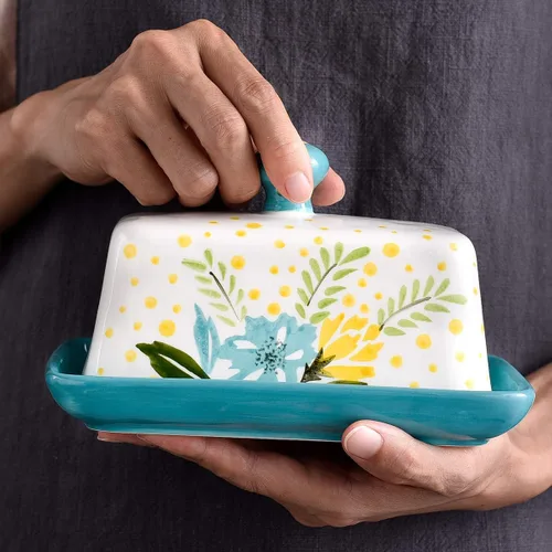 Vista 7 de Wisenvoy Mantequillera de cerámica con tapa con tapa para mantequilla con tapa para encimera de mantequilla de flores