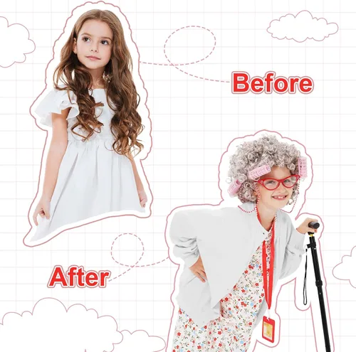 Vista 2 de FAYBOX 9 pcs Old Lady Costume for Kids,100 Days of School Costume Old Lady Wig for Girls,Halloween Granny Grandma Dress Up