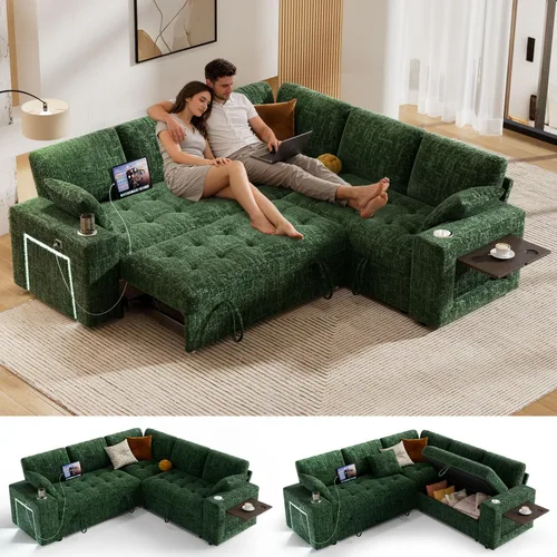Vista 22 de Vipbear Sofá cama modular de 111 pulgadas con cama extraíble, sofá en forma de L de felpilla de 7 asientos con diván de almacenamiento, puertos USB