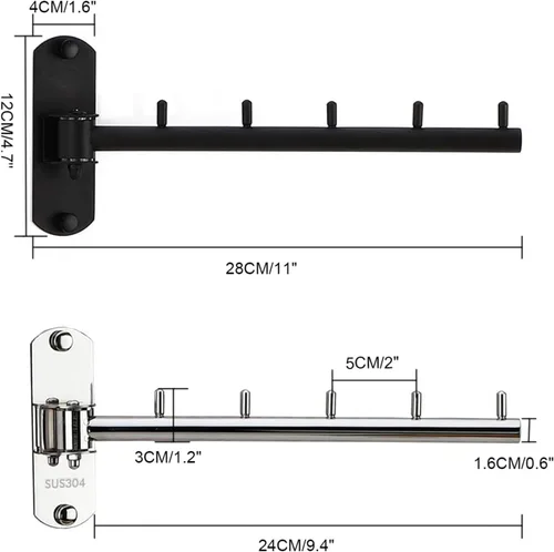 Vista 2 de Paquete de 2 percheros plegables de pared con brazo oscilante de acero inoxidable resistente para baño, dormitorio, cuarto de servicio, color negro