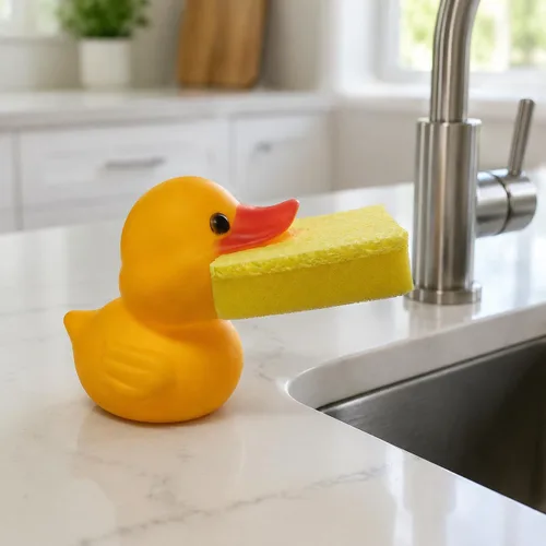 Vista 6 de Soporte con forma de animal para esponja de cocina, rana o pato a elección, con esponja, pato amarillo