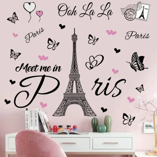 Vista 4 de Calcomanía de pared de la Torre Eiffel de París, calcomanía de pared autoadhesiva removible, decoración para dormitorio, cocina, oficina