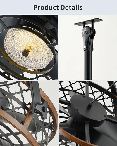 Vista 7 de Ventilador de techo para exteriores con luz, ventilador de techo impermeable con clasificación IP55 con cabezal inclinable y cable de enchufe