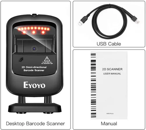 Vista 3 de Eyoyo Escáner de código de barras de escritorio 1D 2D, lector de código de barras con cable USB omnidireccional manos libres, captura códigos