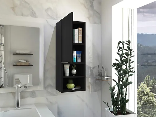 Vista 7 de Armario de pared para baño, botiquín montado en la pared, puerta única y estantes abiertos, sala de estar, baño, organizador de almacenamiento Negro