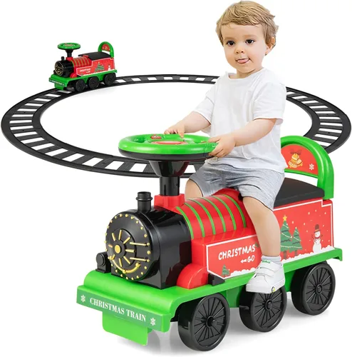 Vista 10 de OLAKIDS Kids Ride On Train with Track, 6V Electric Toy with Lights and Sounds, Retractable Footrest, Under Seat Storage, Christmas Theme Battery